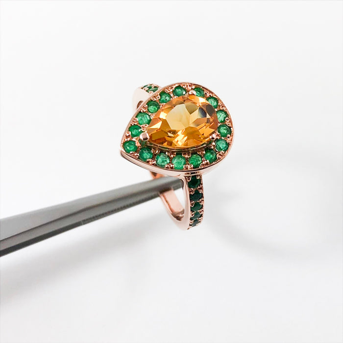 Citrine pear and emerald halo rose gold alternative engagement ring