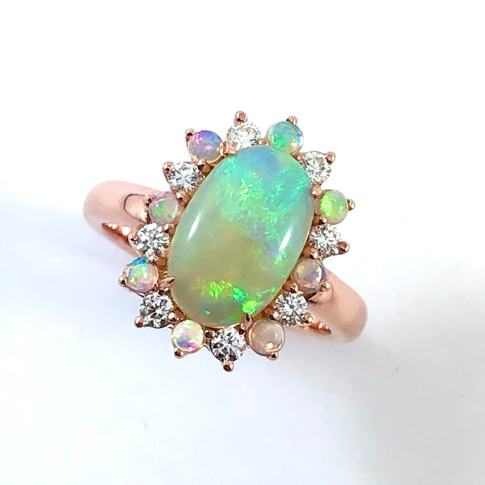 Australian jelly opal diamond halo 14k rose gold ring