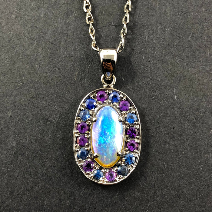 Australian jelly opal amethyst and blue sapphire halo black gold pendant necklace