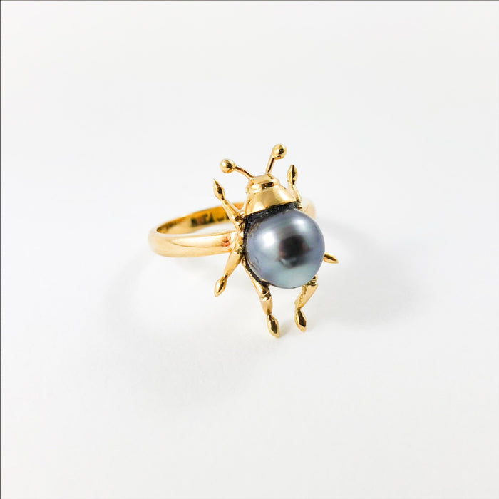 Beetle bug insect Tahitian pearl 14k yellow gold ring