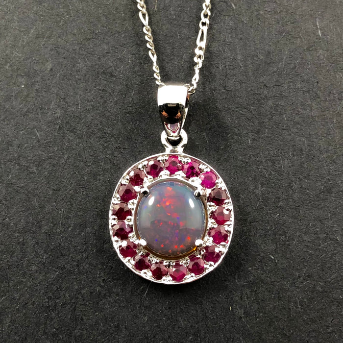 Australian jelly opal and ruby halo white gold pendant necklace