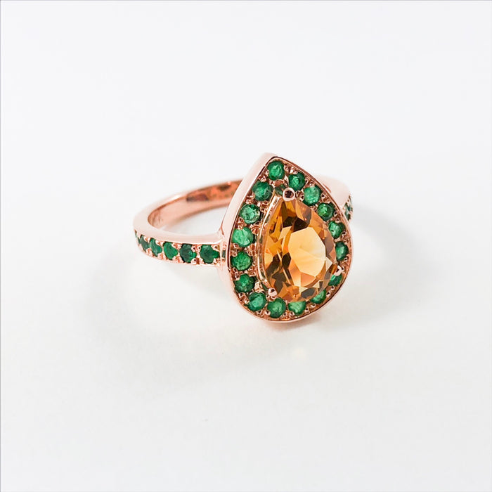 Citrine pear and emerald halo rose gold alternative engagement ring - Customise size, halo gemstones and gold colour