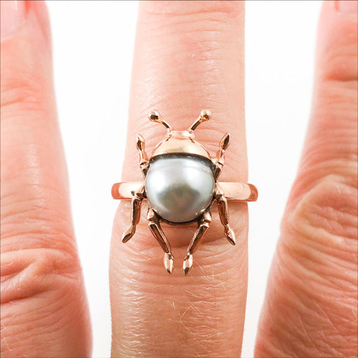 Beetle bug insect Tahitian pearl 14k rose gold ring