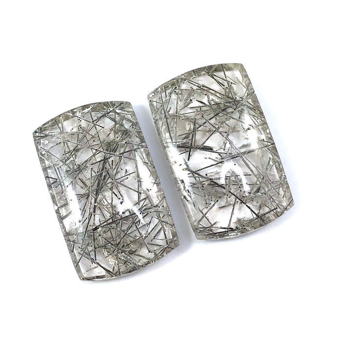 Tourmalated rock quartz rounded rectangle cut matched cabochon pair 38.57 carats total - Buy loose or customise