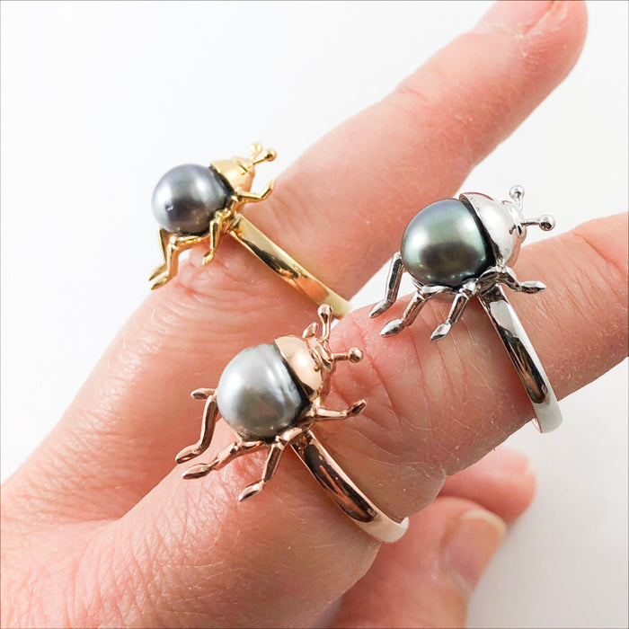 Beetle bug insect Tahitian pearl 14k yellow gold ring
