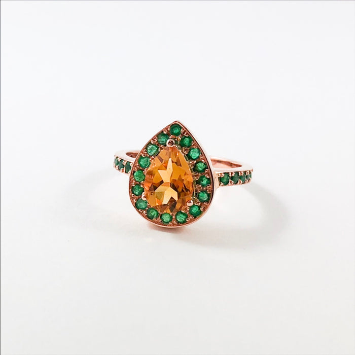 Citrine pear and emerald halo rose gold alternative engagement ring