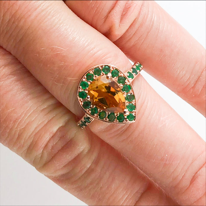 Citrine pear and emerald halo rose gold alternative engagement ring