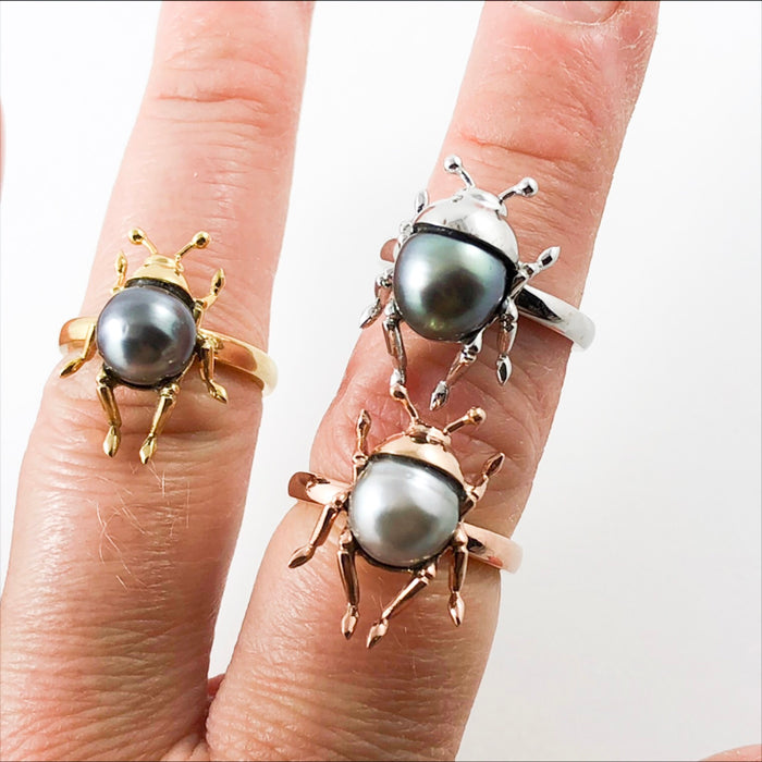 Beetle bug insect Tahitian pearl 14k rose gold ring