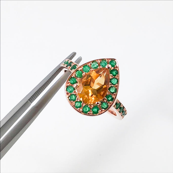 Citrine pear and emerald halo rose gold alternative engagement ring - Customise size, halo gemstones and gold colour