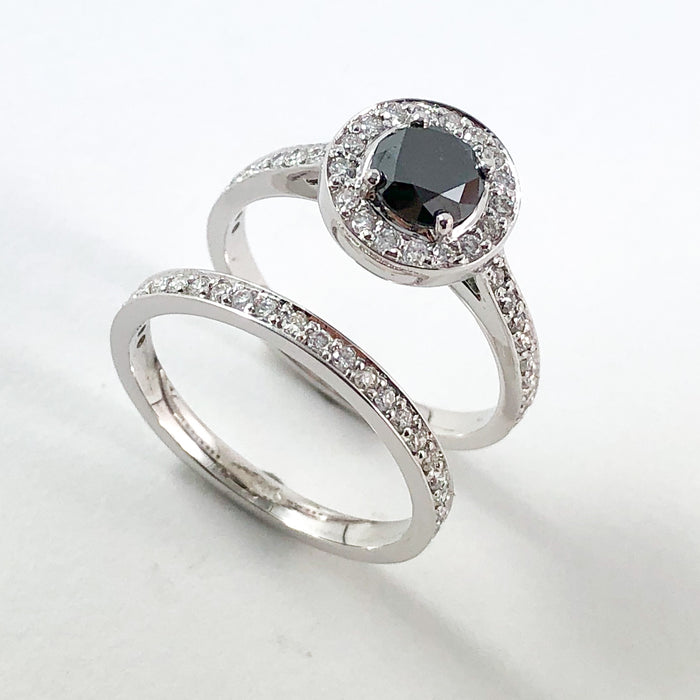 Black diamond round diamond halo 14k white gold wedding ring set - Certified