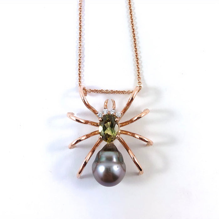 Spider arachnid insect Tahitian pearl Australian parti sapphire 14k rose gold pendant necklace